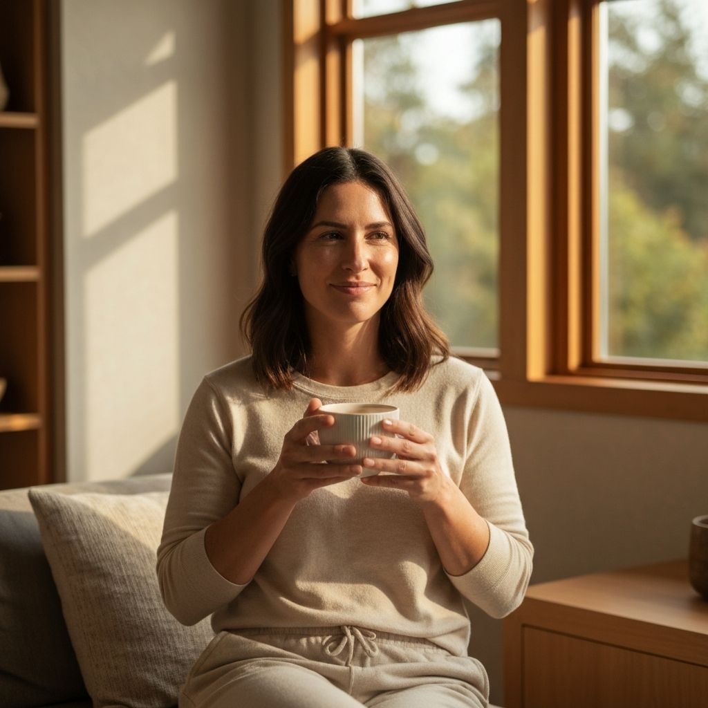 Woman enjoying peaceful morning moment with coffee