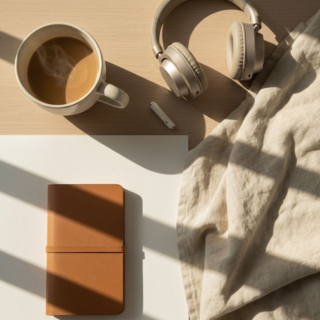 Calm morning ritual scene with coffee, headphones and journal